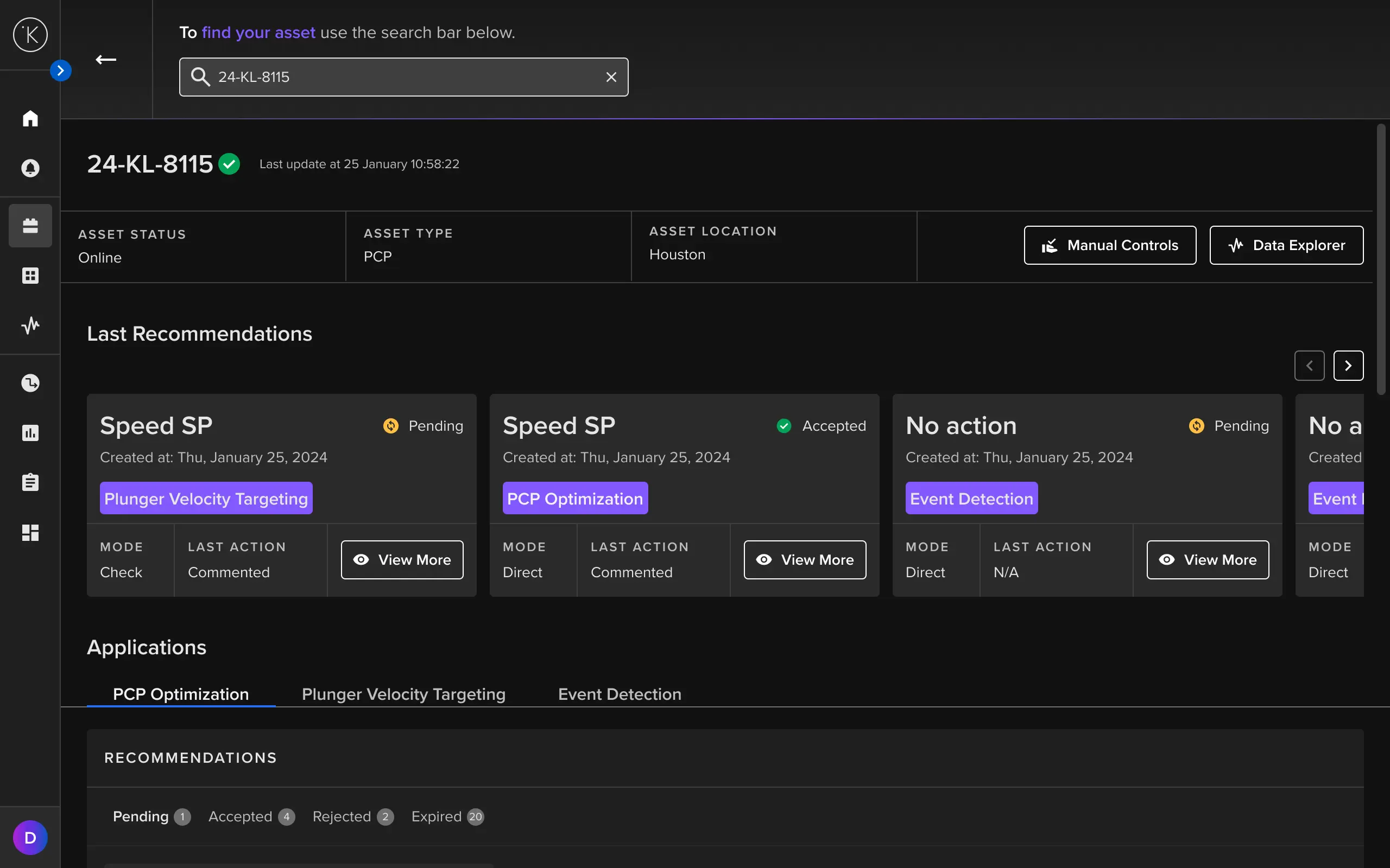 Kelvin asset detail view showing real-time status, recommendations, and applications for asset 24-KL-8115
