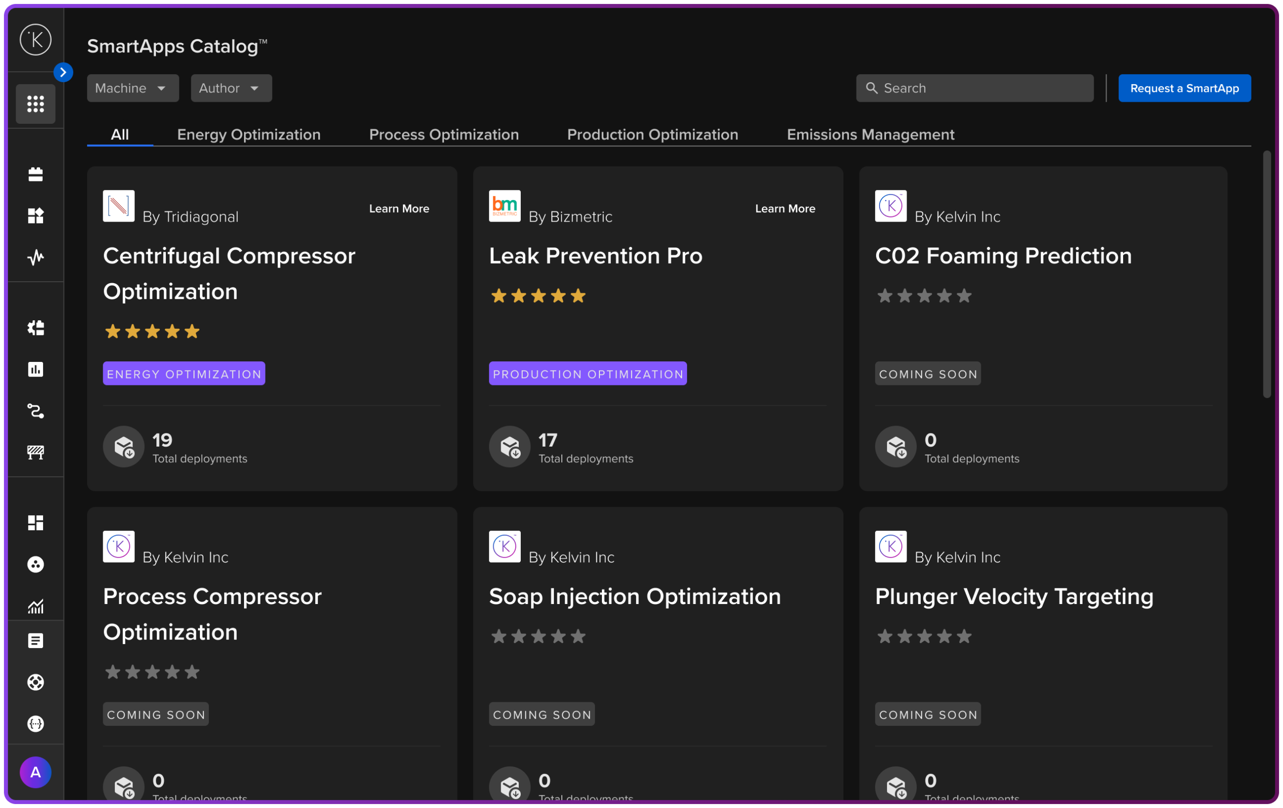Kelvin SmartApps Catalog showing optimization applications for centrifugal compressors, leak prevention, CO2 foaming prediction, and more
