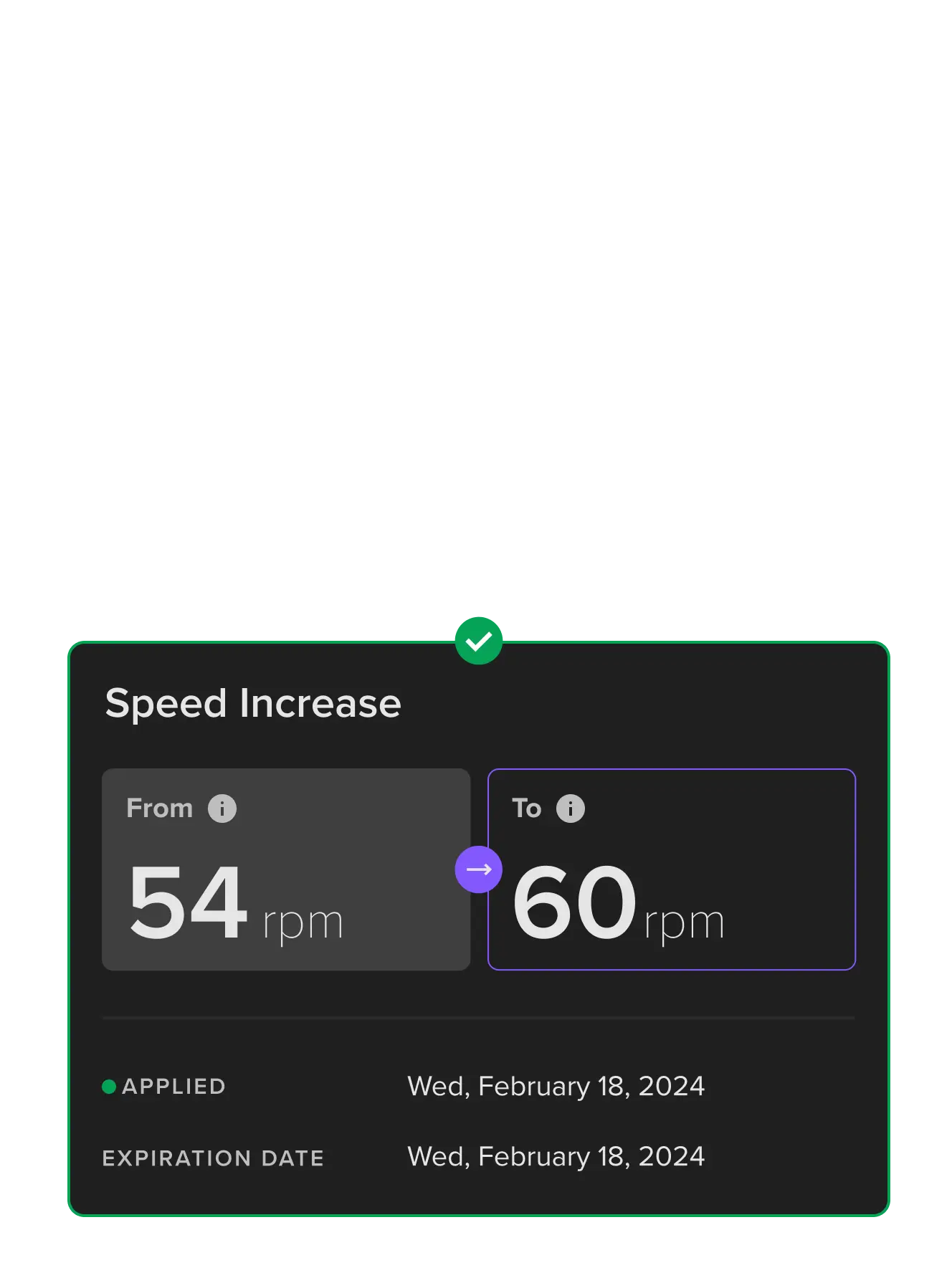 Kelvin governed action showing speed increase recommendation from 54 rpm to 60 rpm with applied status